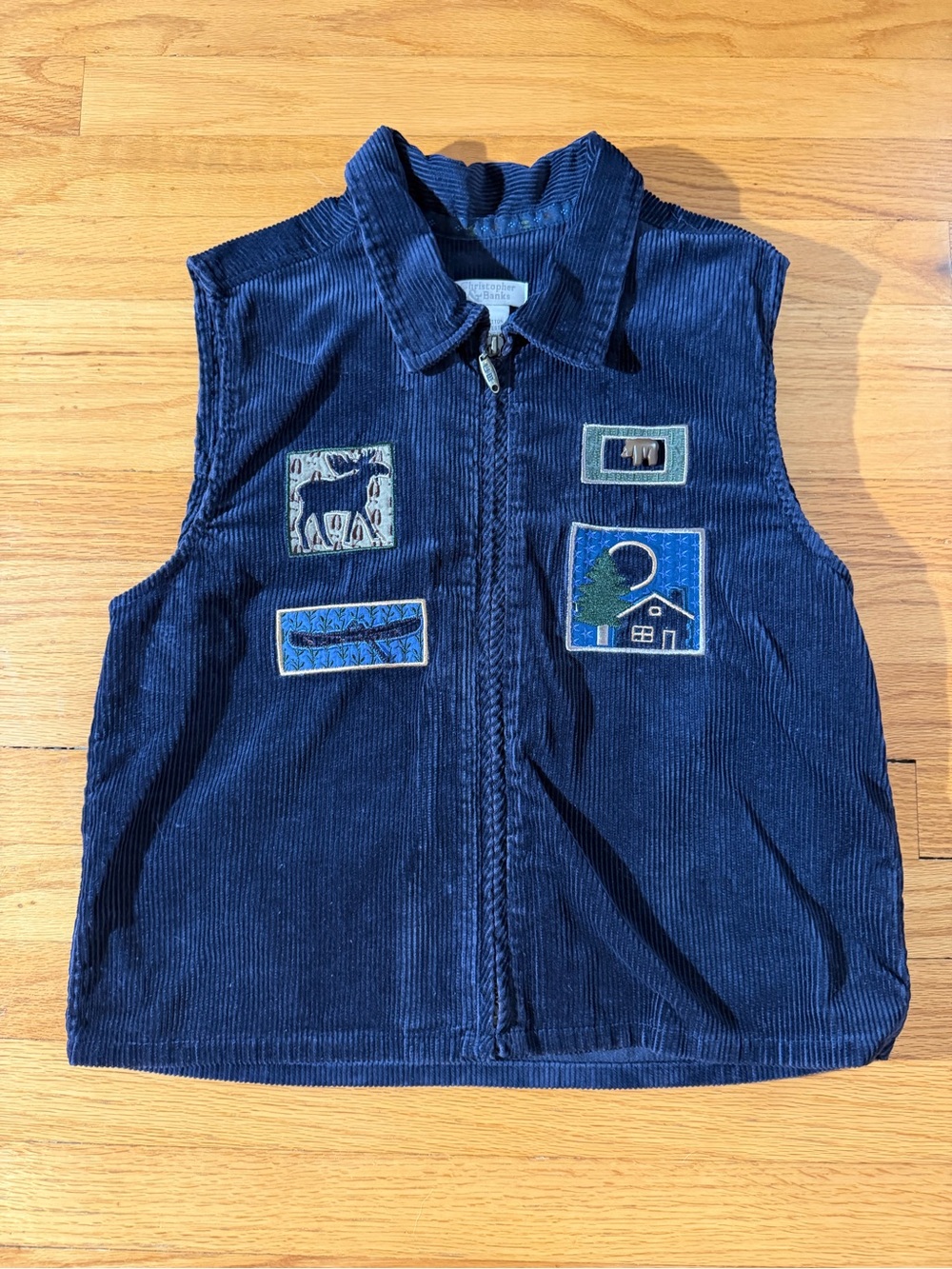 Cottagecore Christopher & Banks Navy Corduroy Vest with Nature Patches Size S